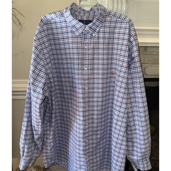 Polo Ralph Lauren Dress Shirt Men’s 3XB Blue Check Plaid Long Sleeve Button Down - Picture 1 of 7